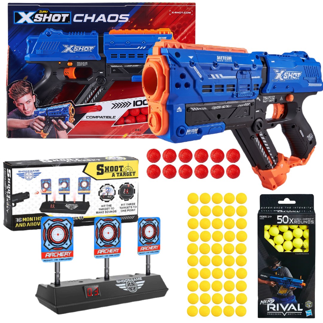 X-Shot Chaos Meteor RXB-0060 + 50 kulek Nerf Rival B3868 + elektroniczna tarcza