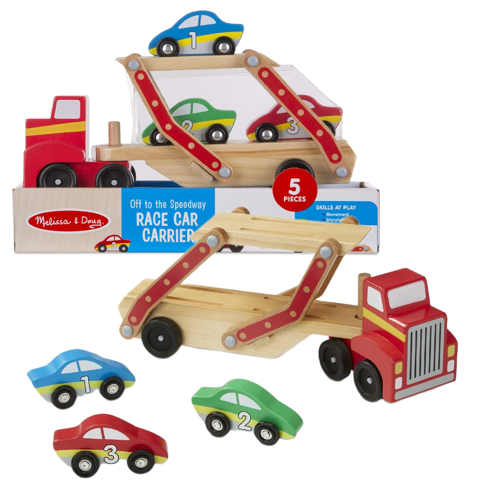 Melissa&Doug Drewniana Ciężarówka Transporter z 3 pojazdami 94411