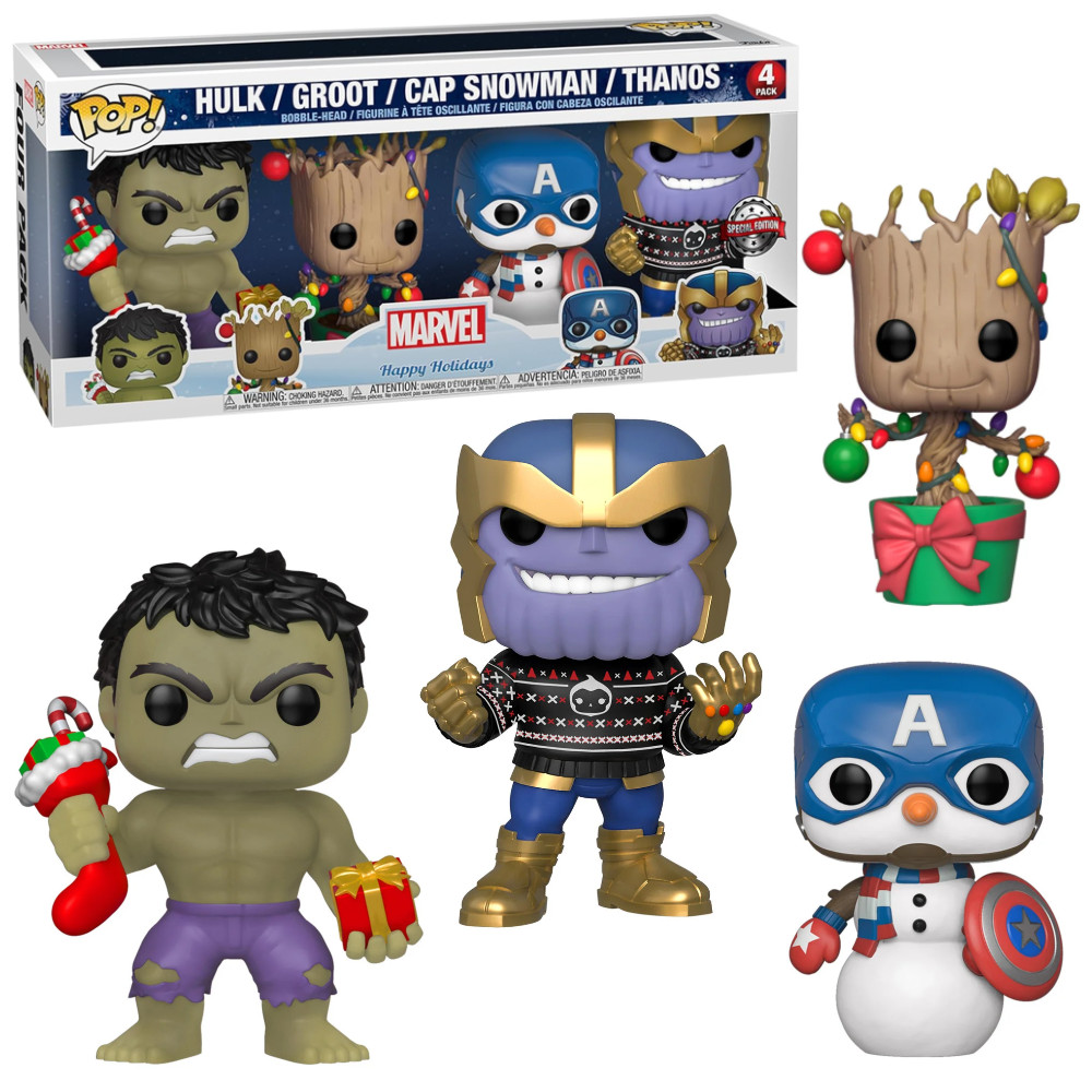 Funko Pop Marvel Świąteczny zestaw figurek 4-pak Hulk, Groot, Kapitan Ameryka Snowman, Thanos 51796