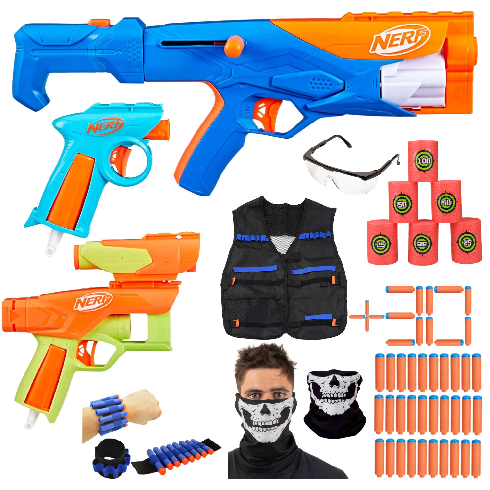Nerf N Series Gear Up Pack Zestaw 3 wyrzutnie F8633 + 30 strzałek N1 + Opaska + Cele + Kamizelka + Bandana + Okulary