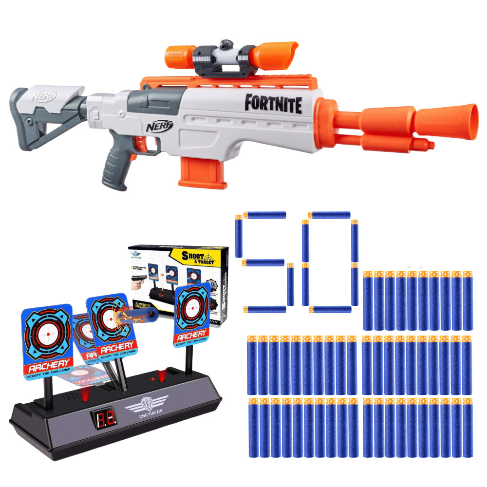 Nerf Fortnite IR - Infantry Rifle E9392 + Celownik snajperski + 50 Strzałek Waffle + Tarcza Elektroniczna 