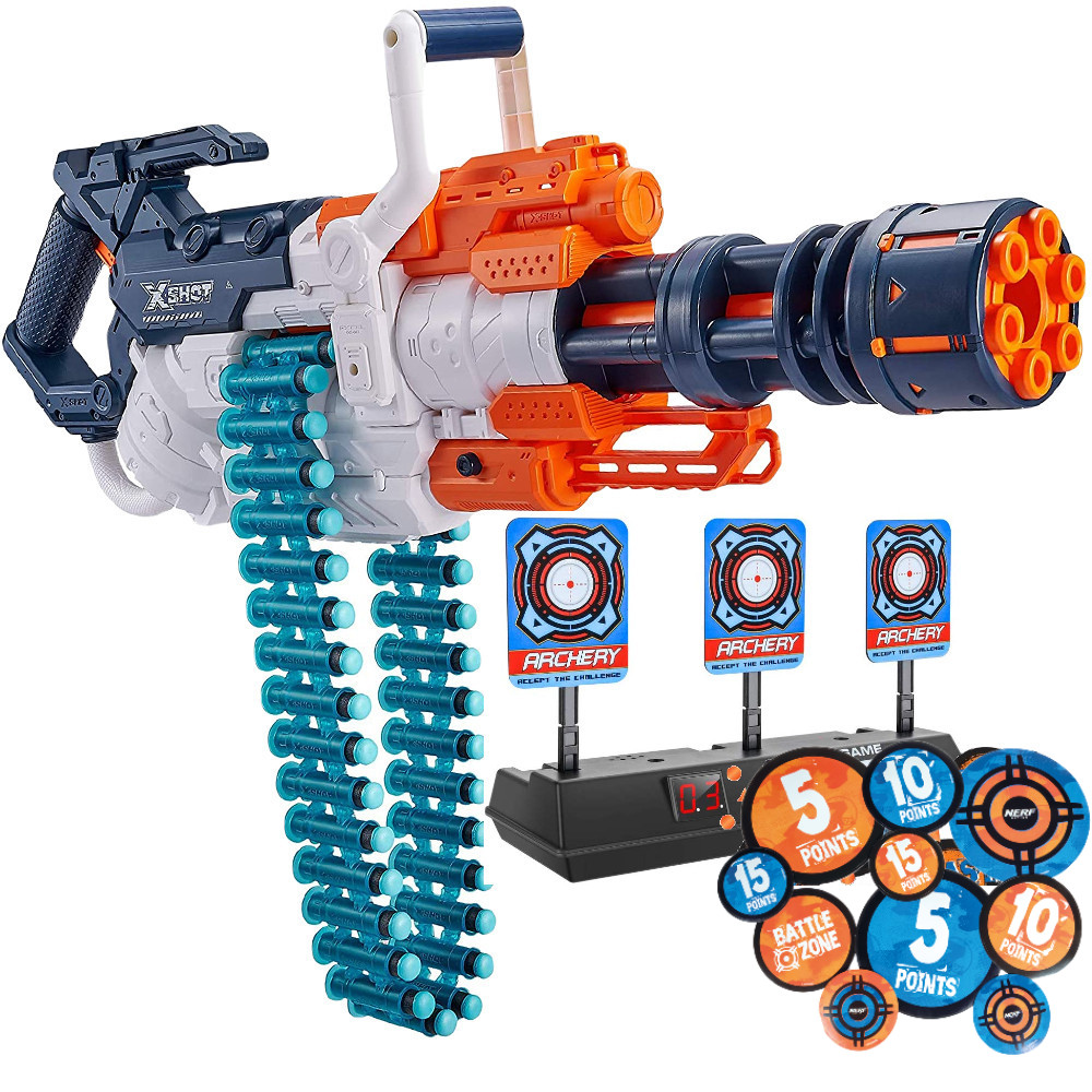 X-Shot Minigun na strzałki Crusher 36382 biało-granatowy + Elektroniczna Tarcza 3 cele + Naklejki Nerf