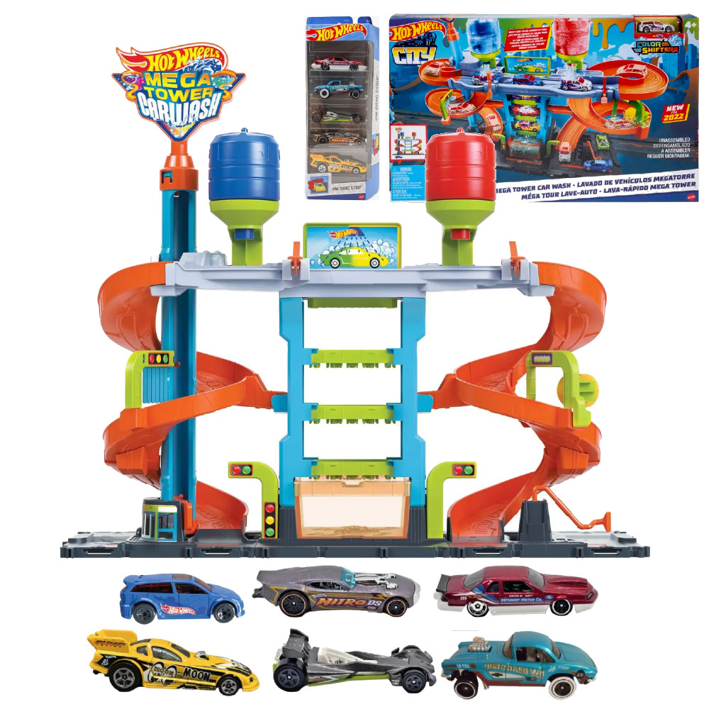 Hot Wheels City Zakręcona Megamyjnia HDP05 +  5-Pak HW Drag Strip HTV54 