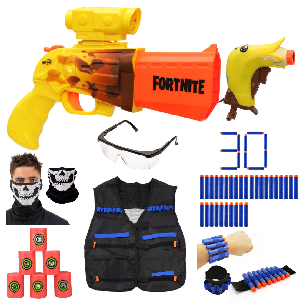 Duży Zestaw Nerf Fortnite Peely Pack F2720 + 30 Strzałek + Opaska + Cele + Bandana + Kamizelka + Okulary