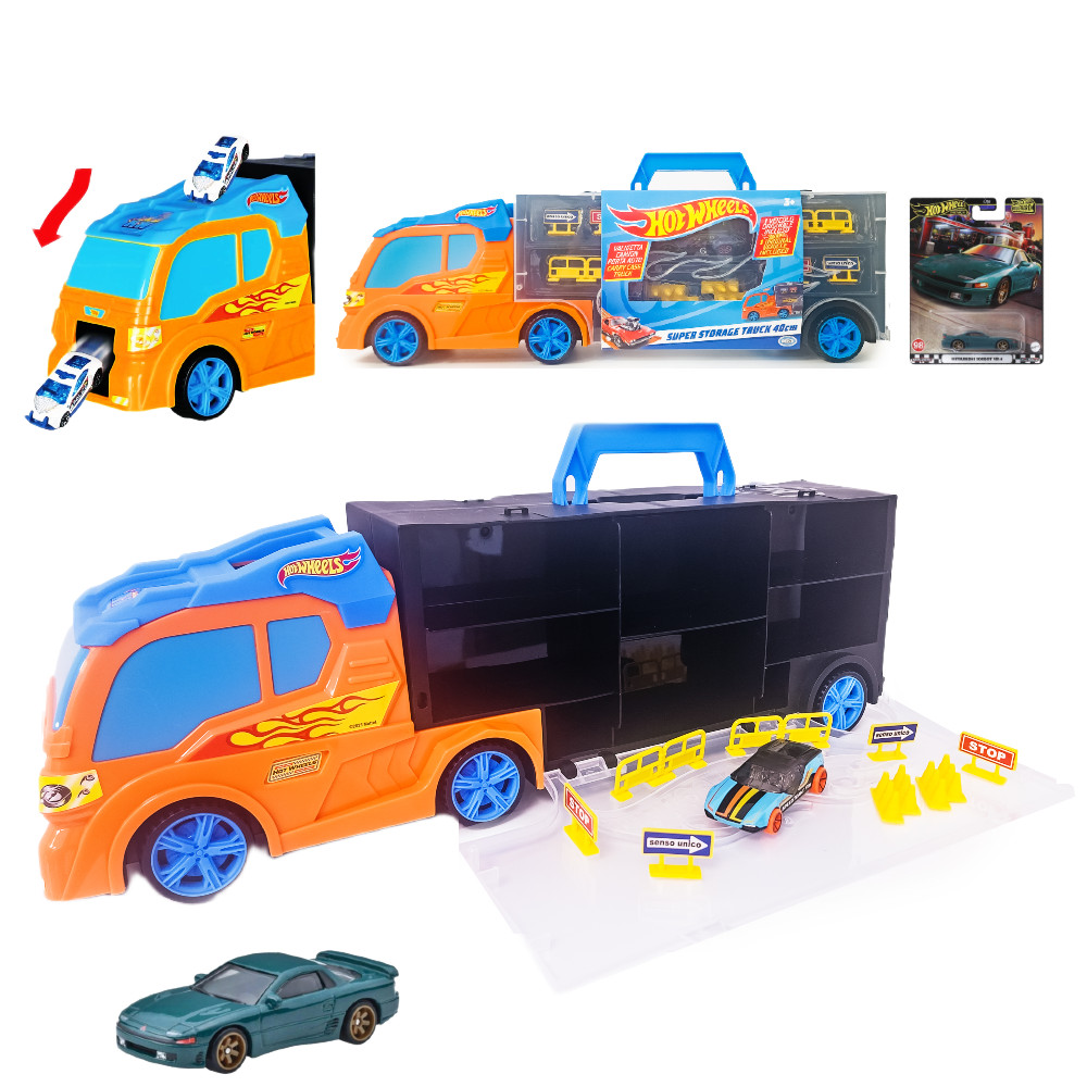 Hot Wheels Transporter na 12 Aut + Auto i Znaki Drogowe 42040P + Autko Mitsubishi 3000GT VR-4 HRT68 