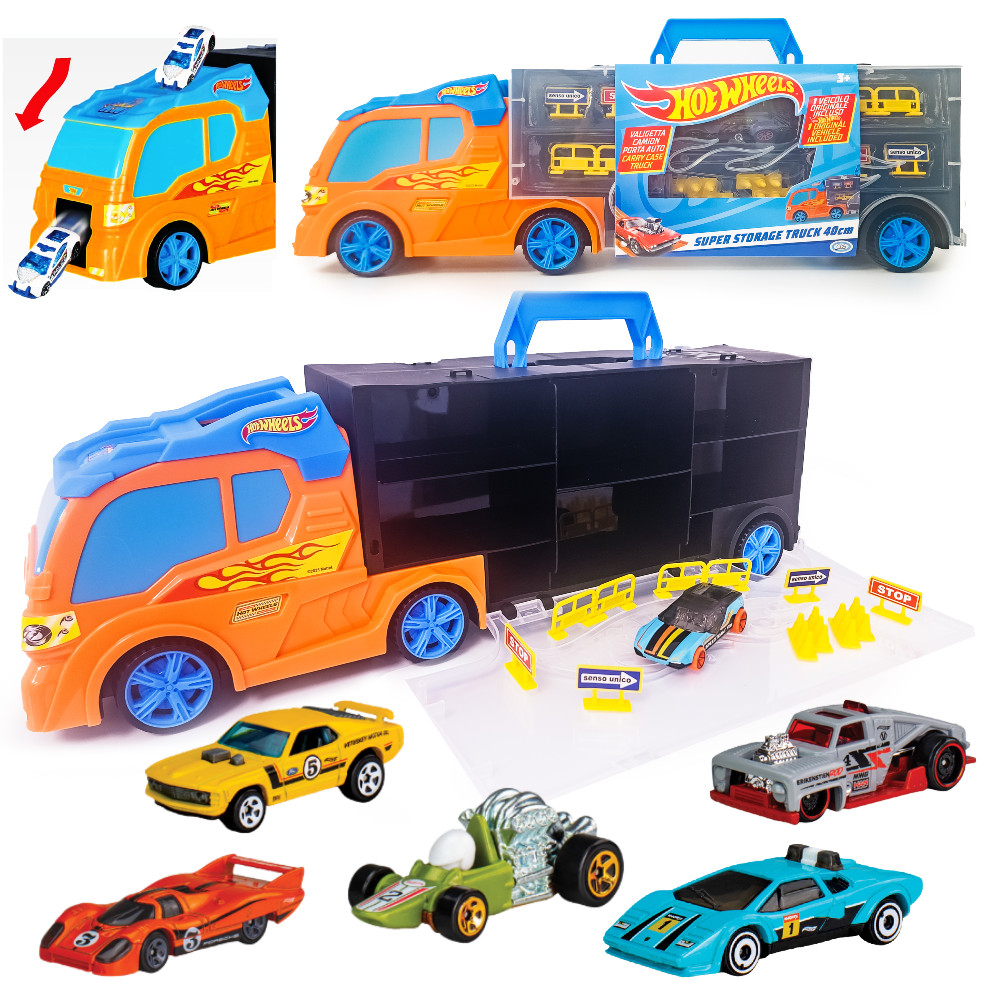 Hot Wheels Transporter na 12 Aut + Auto i Znaki Drogowe 42040P + 5-Pak Retro Races HTV50 