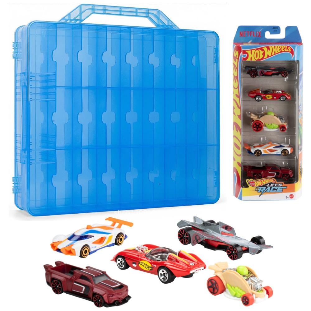 Niebieska walizka z 48 schowkami organizer + 5-pak autek Hot Wheels JDR20