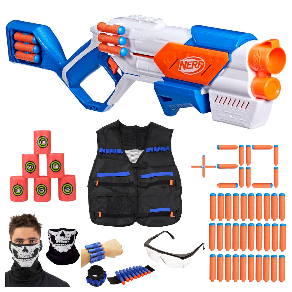 Nerf N Series Mega Zestaw Pistolet Strikeback G0218 + Opaska + Cele + Bandana Czacha + Okulary + Kamizelka + 30 Strzałek N1