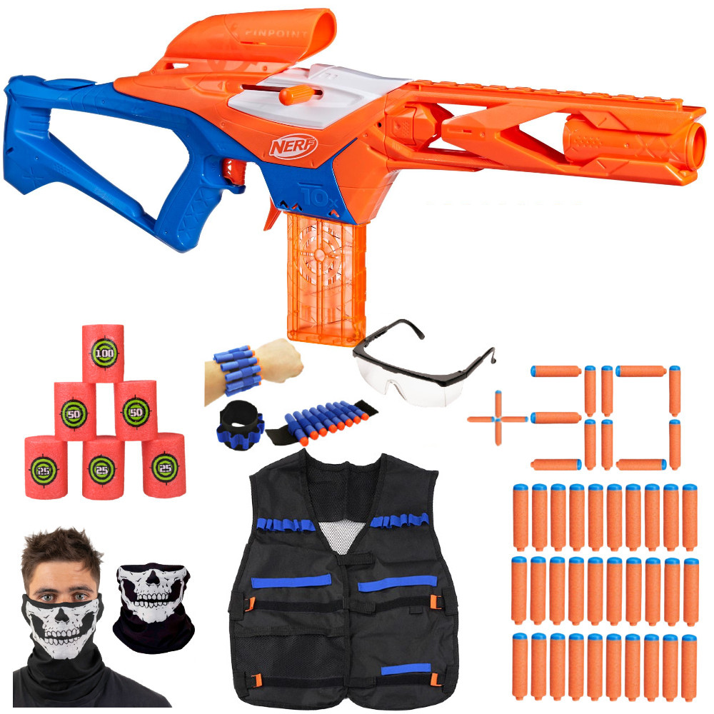 Nerf N Series Pinpoint F8621 + Opaska + Cele + Bandana Czacha + Okulary + Kamizelka + 30 Strzałek N1