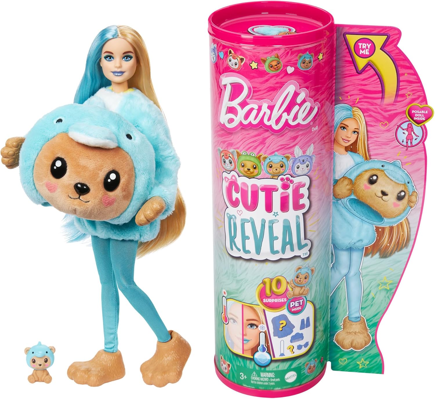 Barbie Cutie Reveal Lalka Barbie Miś w kostiumie Delfina + zwierzątko HKR25