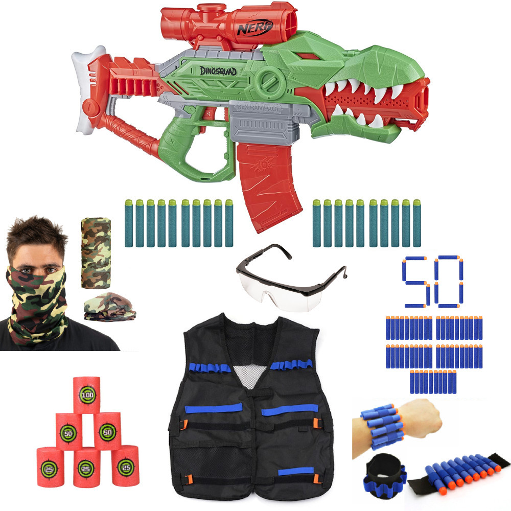 Nerf Dinosquad Rex-Rampage F0807 + cele + opaska + okulary + bandana + 50 strzałek + kamizelka