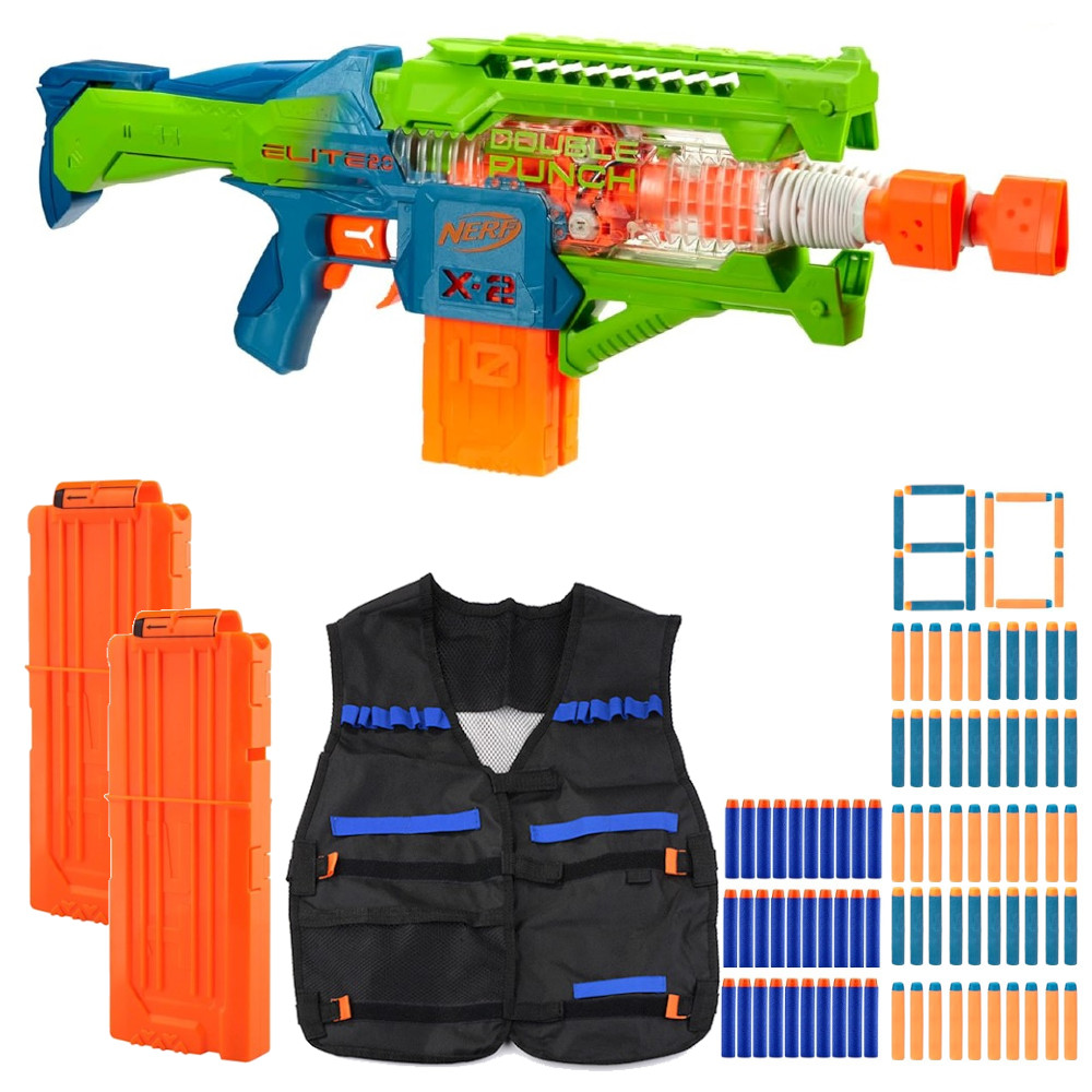 Nerf Elite 2.0 Double Punch F6363 + 30 Strzałek + 2 x Magazynki + Kamizelka