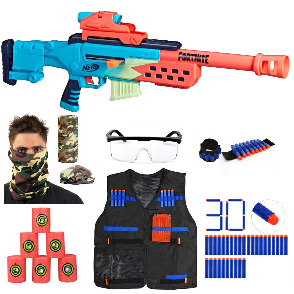 Nerf Fortnite Storm Scout Snajperka F8346 + Kamizelka + Bandana Moro + Cele + Okulary + Opaska + 30 Strzałek