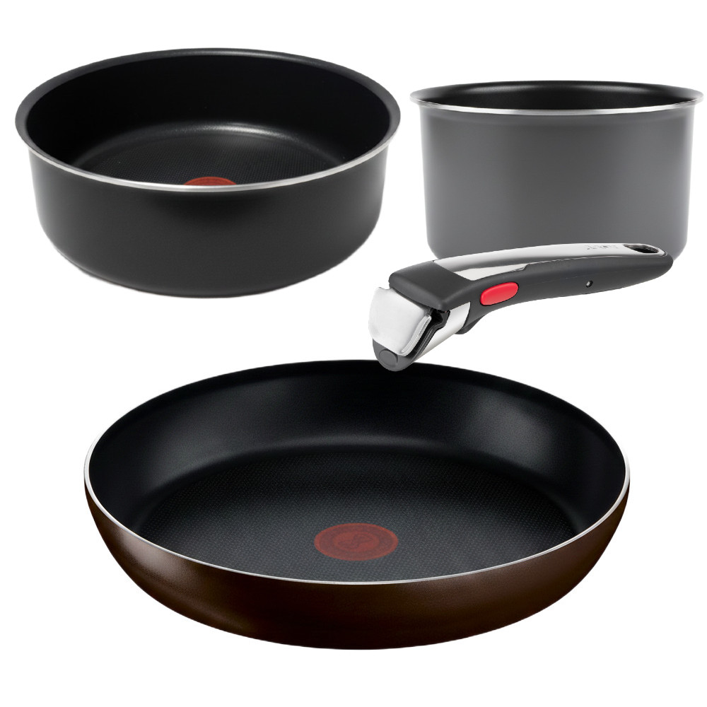 Tefal Ingenio Zestaw Patelnia Brązowa 28 cm + Czarny Garnek 24 cm + Szary Garnek 16 cm GAZ 82465BCSZ