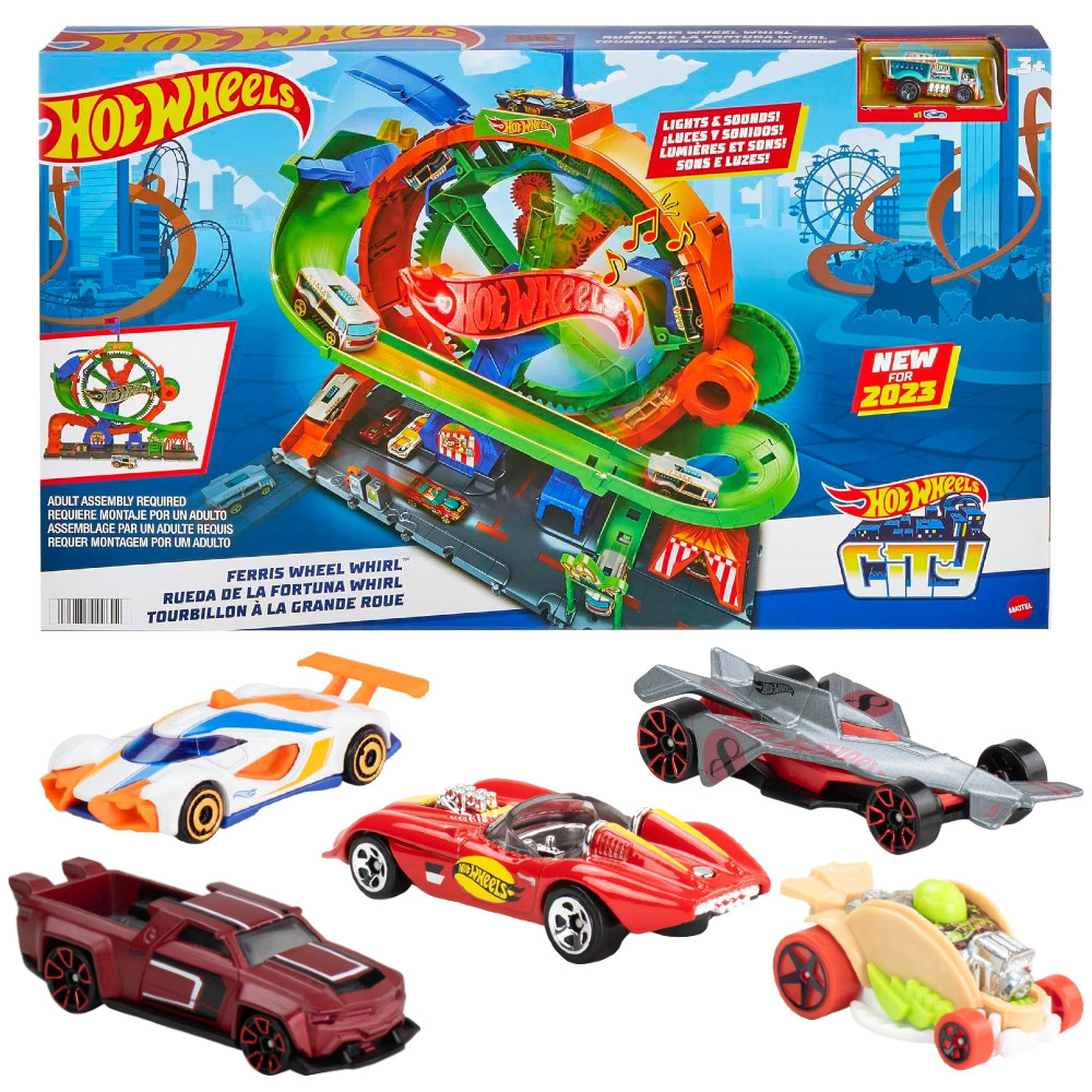 Hot Wheels Zestaw Miejski Diabelski Młyn ze światłem i dźwiękiem HKX46 + 5-pak autek Hot Wheels Let's Race JDR20