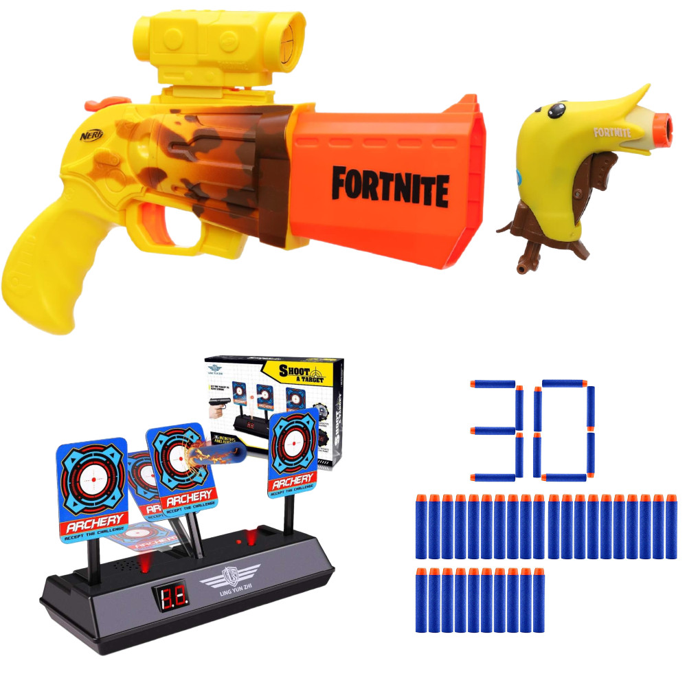 Zestaw Nerf Fortnite Peely Pack F2720 + 30 Strzałek + Tarcza Elektroniczna 3 Cele
