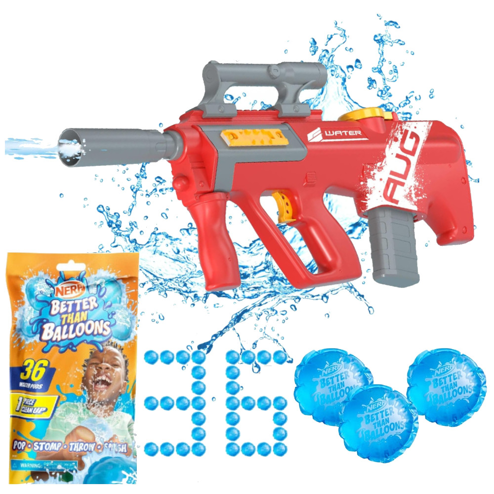 Pistolet na wodę elektryczny AUG czerwony XD8011 + Balony Bomby Wodne Nerf 