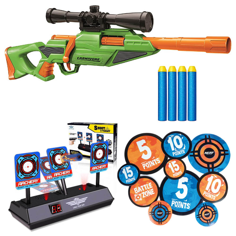 Buzz Bee Air Warriors Carnivore 561005 + tarcza elektroniczna + Zestaw 12 Naklejek Celi Nerf