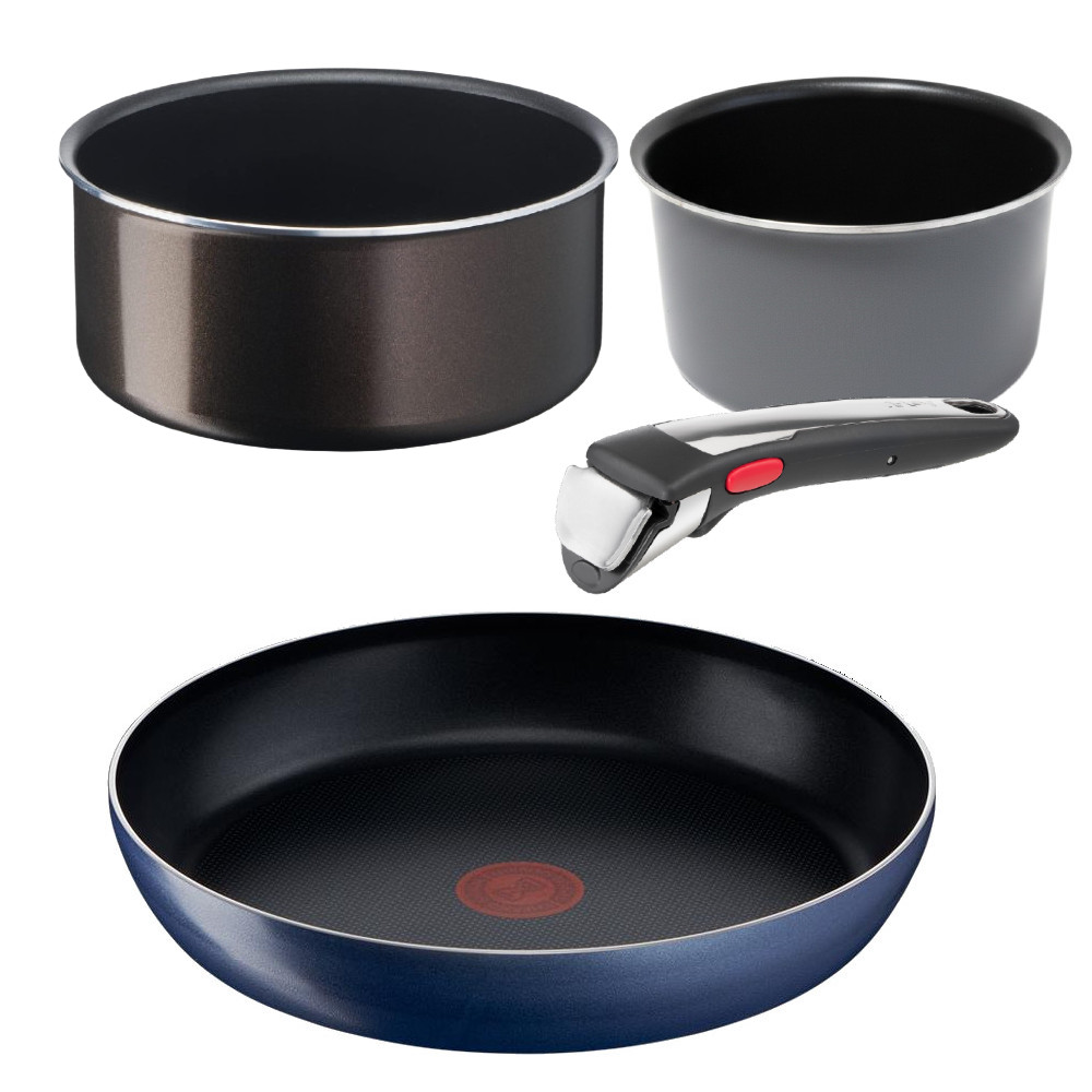 Tefal Ingenio Zestaw Patelnia Granatowa 28 cm + Brązowy Garnek 24 cm + Szary Garnek 16 cm GAZ 82465GBS