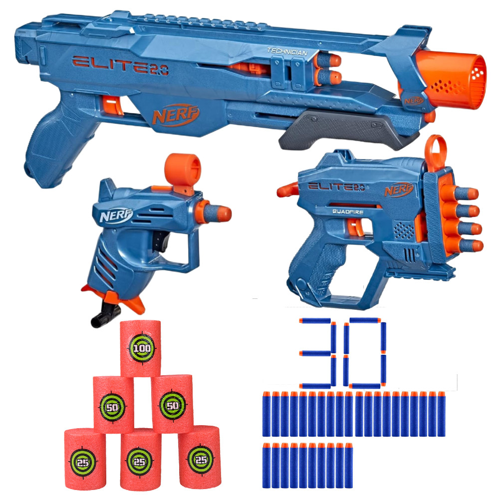 Nerf Elite 2.0 LoaoutPack 3Pack Technician DS-2, QuadFire QS-4 i Ace SD-1 + 14 Strzałek F4178 + Cele i 30 strzałek