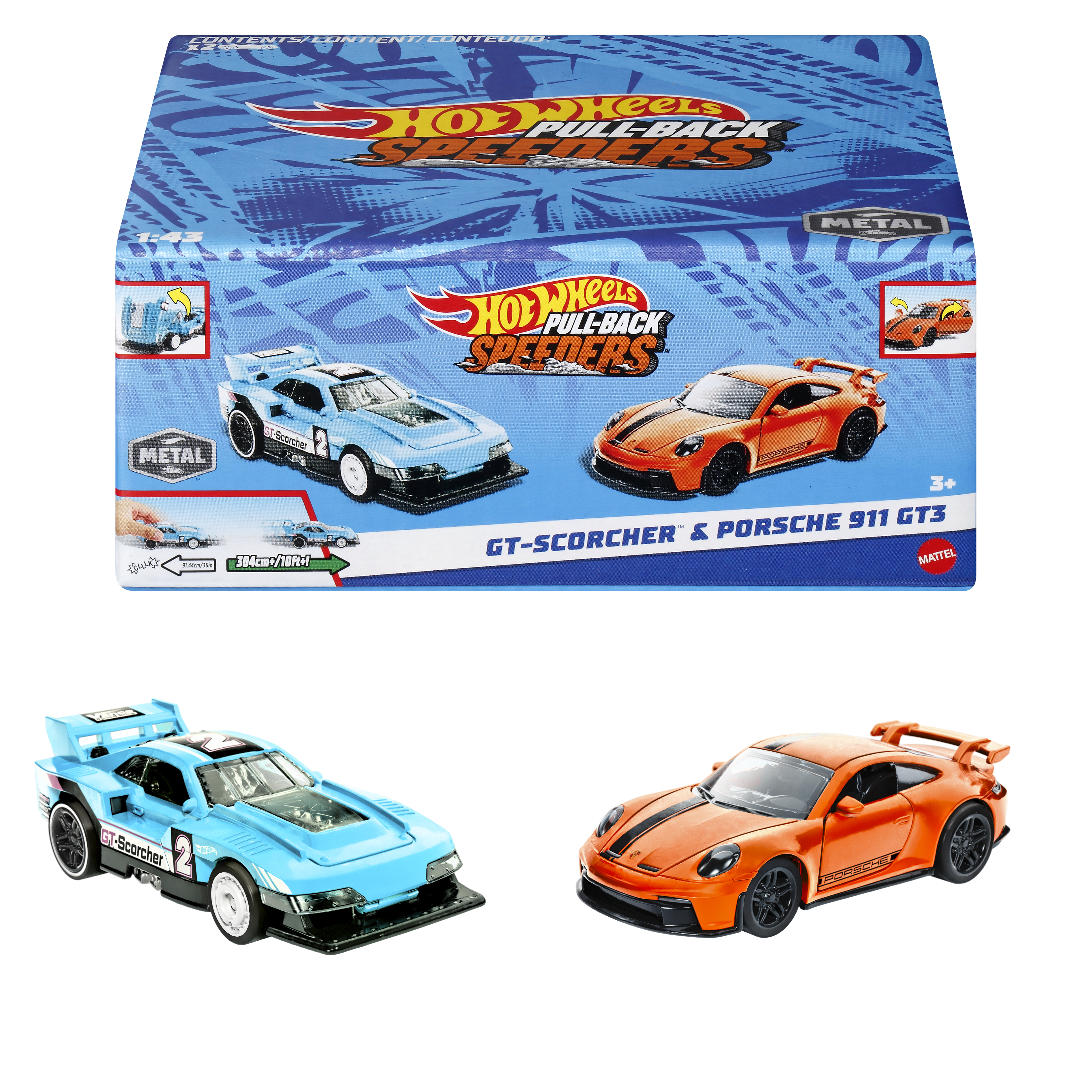 Hot Wheels Pull-Back Speeders 2-pack Autek GT-Scorcher & Porche 911 GT3 HPR96