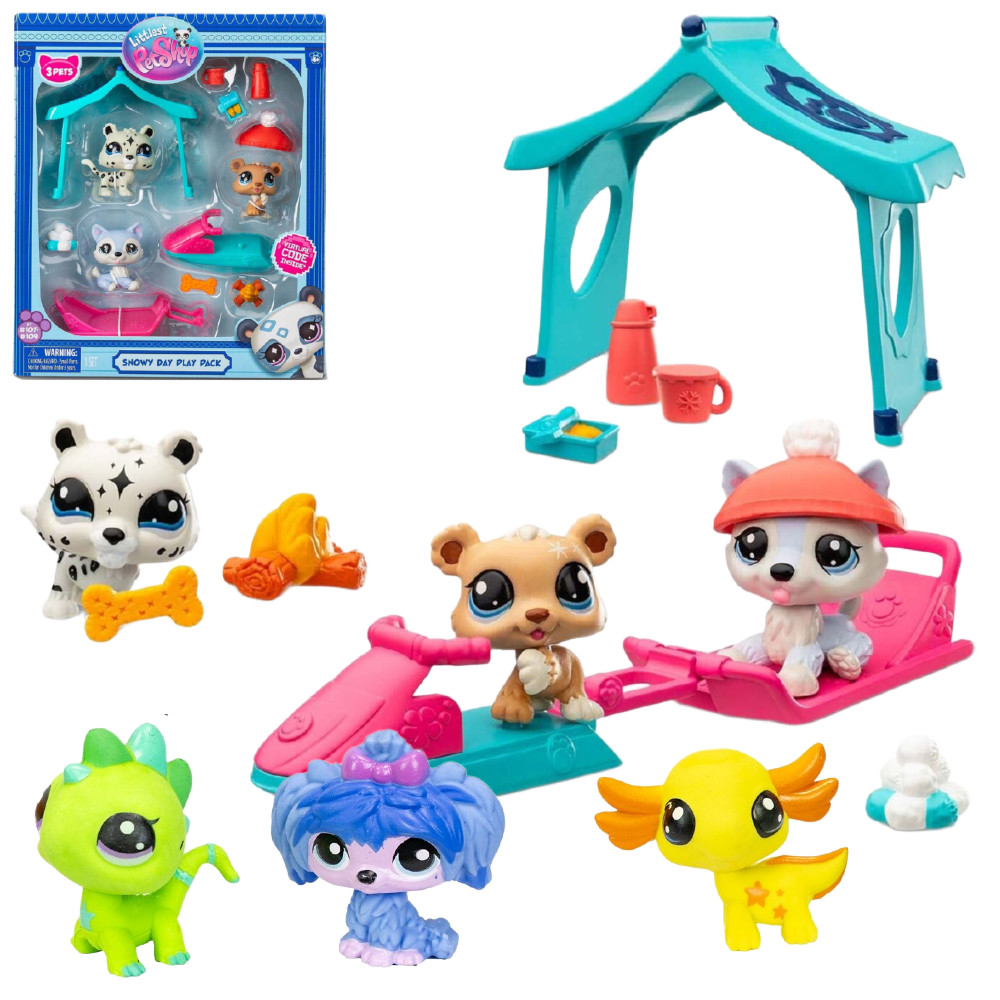 Littlest Pet Shop Zestaw Śnieżny Dzień Snowy Day Seria 2 BF00534 + 3 Figurki Piesek Dinozour Aksolotl 1087310 