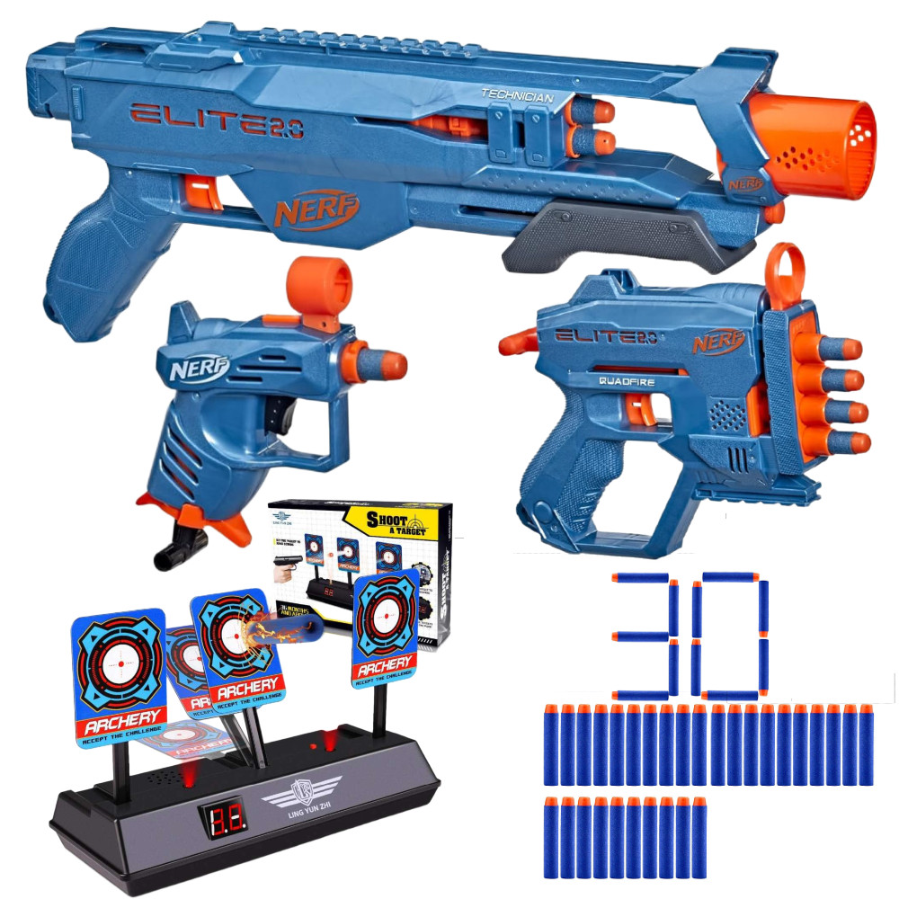Nerf Elite 2.0 LoaoutPack 3Pack Technician DS-2, QuadFire QS-4 i Ace SD-1 + 14 Strzałek F4178 + Tarcza Elektroniczna i 30 strzałek