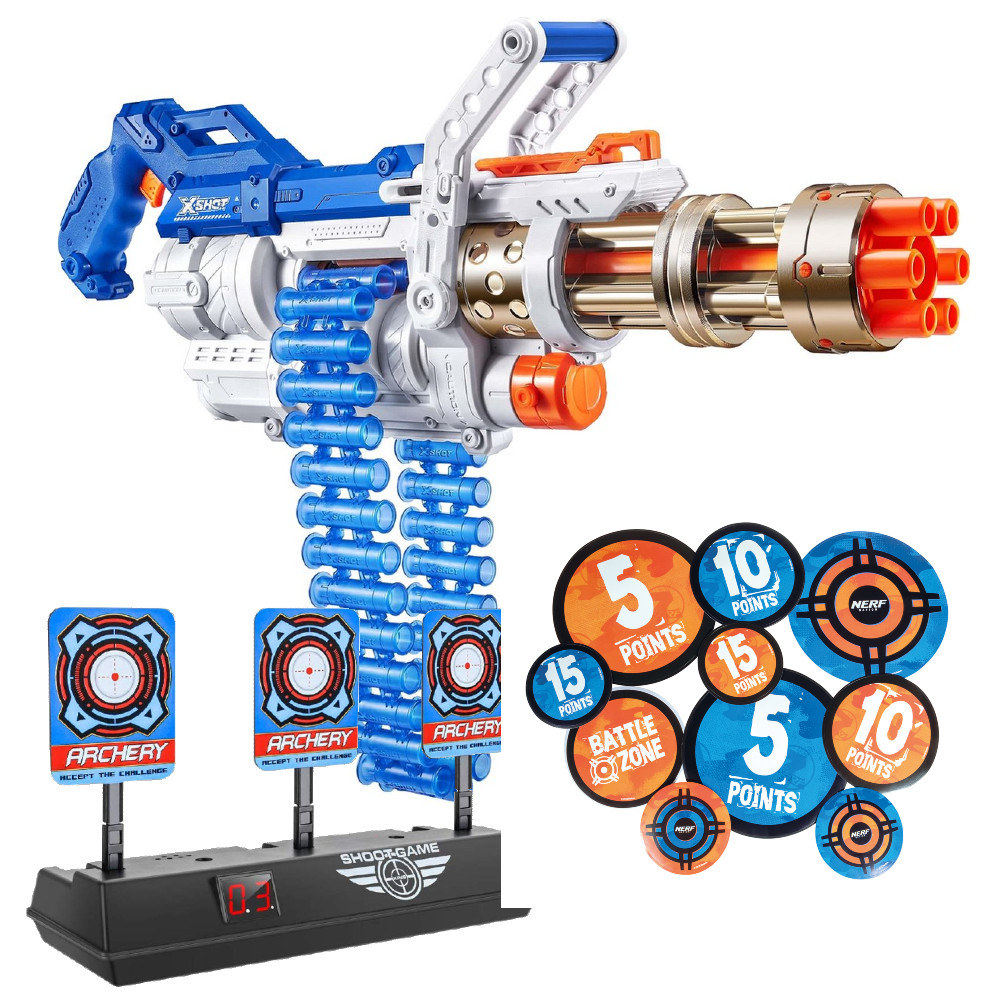 X-SHOT MINIGUN OMEGA ROYALE 36488 + ELEKTRONICZNA TARCZA + naklejki NERF