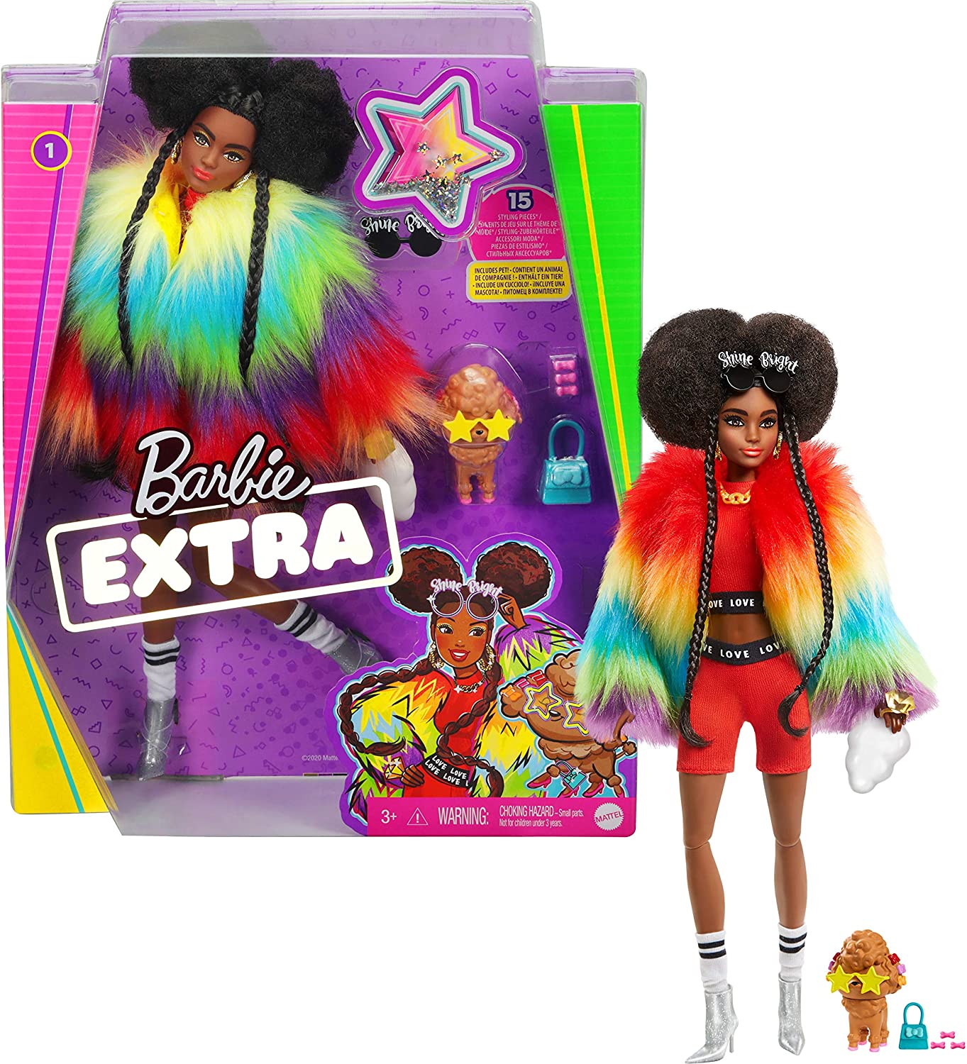 Lalka Barbie Fashionistas Extra w tęczowym płaszczu z pudelkiem i akcesoriami GVR04