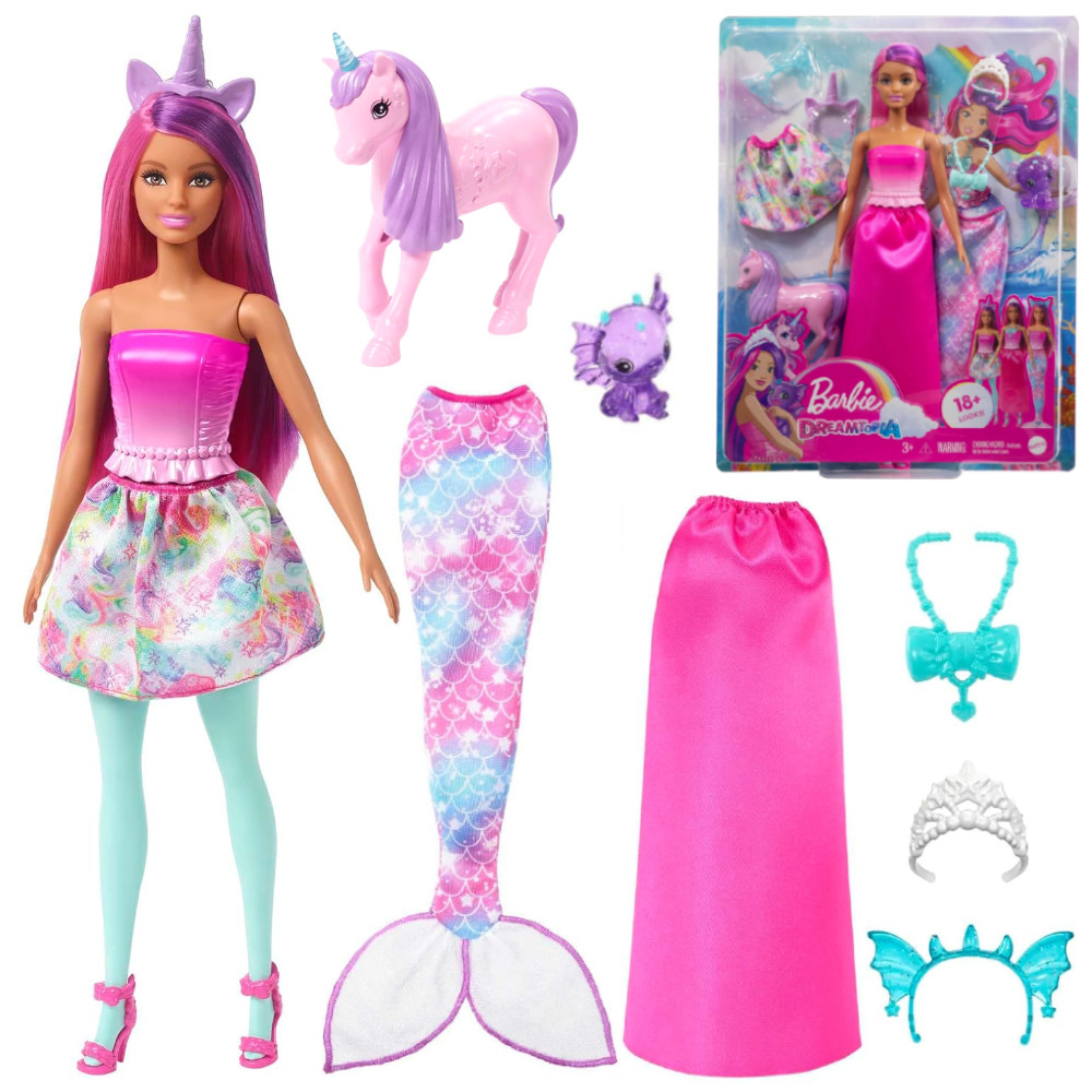 Barbie Dreamtopia Przebieranki Świat Fantazji Syrenka Jednorożec Lalka + akcesoria HLC28