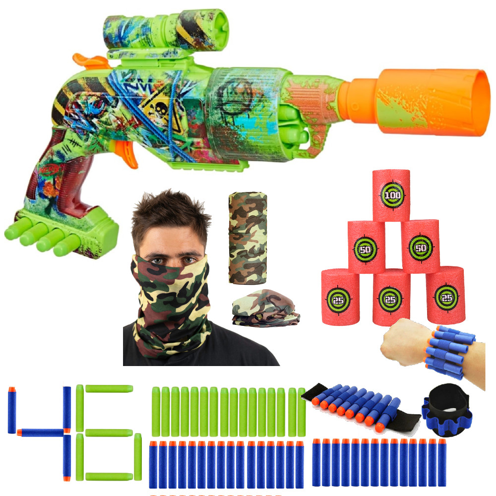 Nerf Zestaw Pistolet Zombie Driller F8960 + Opaska na Strzałki + Bandana Moro + Cele Piankowe + Strzałki