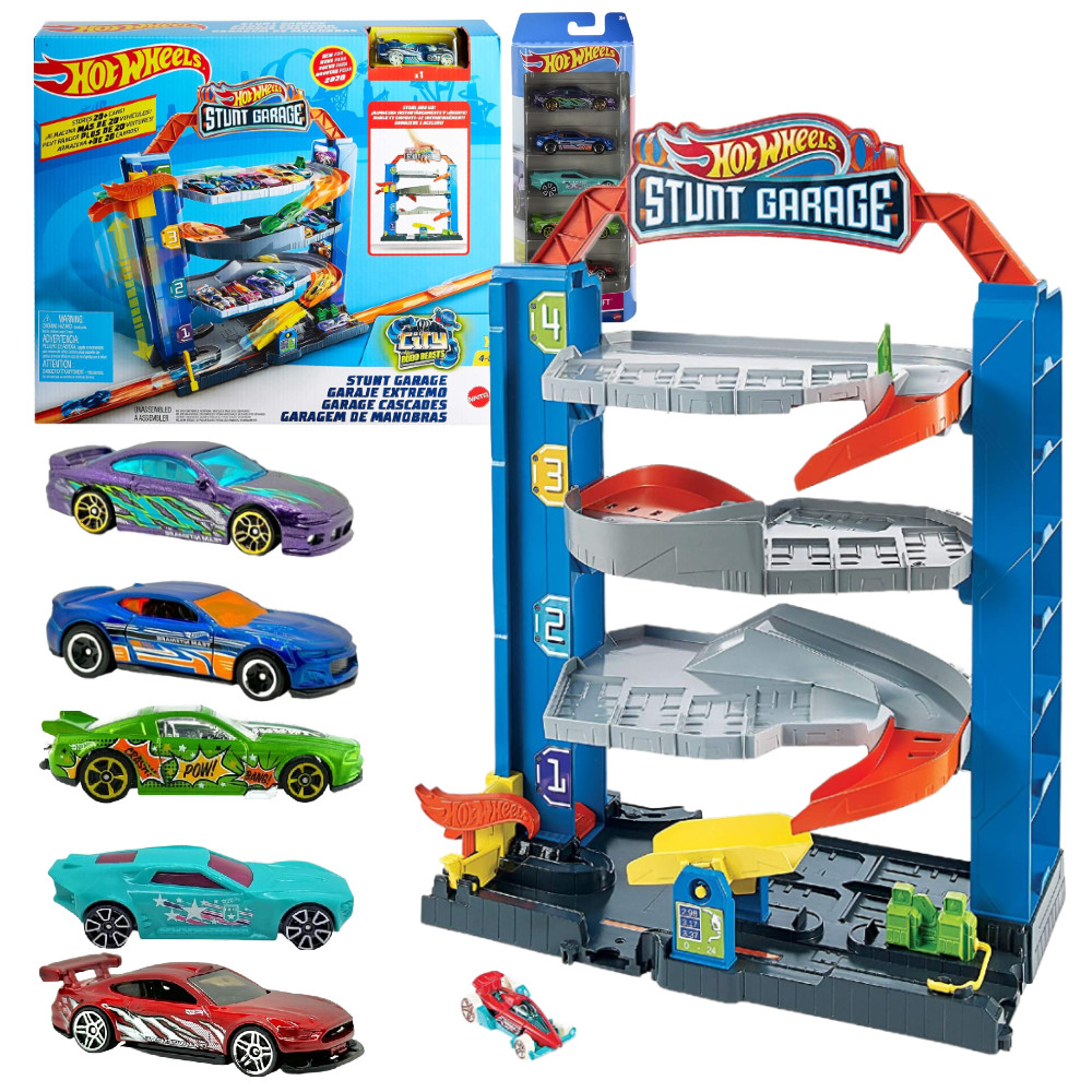 Hot Wheels Zakręcony parking z windą GNL70 + 5-Pak Samochodzików HW Drift HTV51 