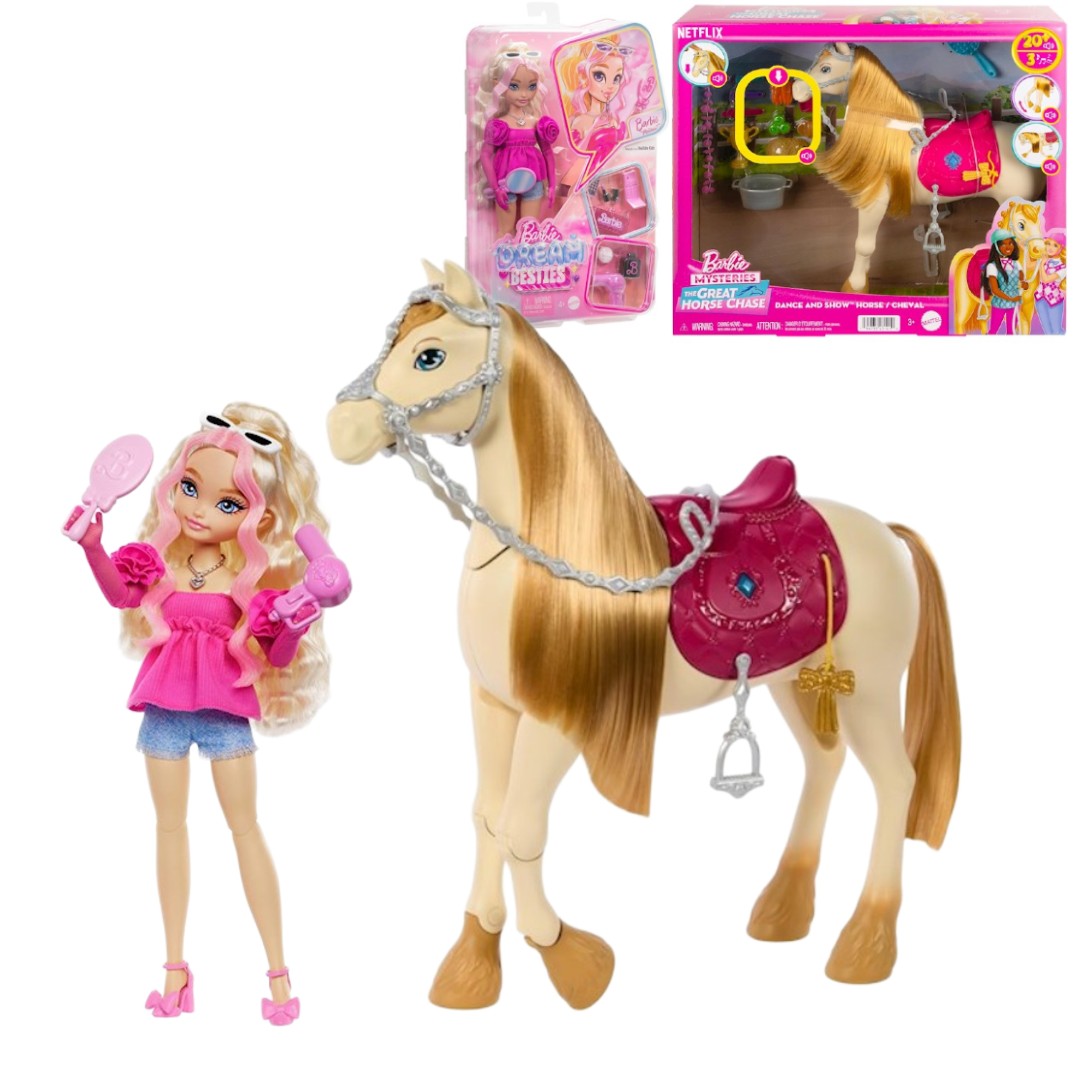 Barbie Zestaw lalka Malibu Dream Besties + Interaktywny Koń Tornado HYC21 HXJ42