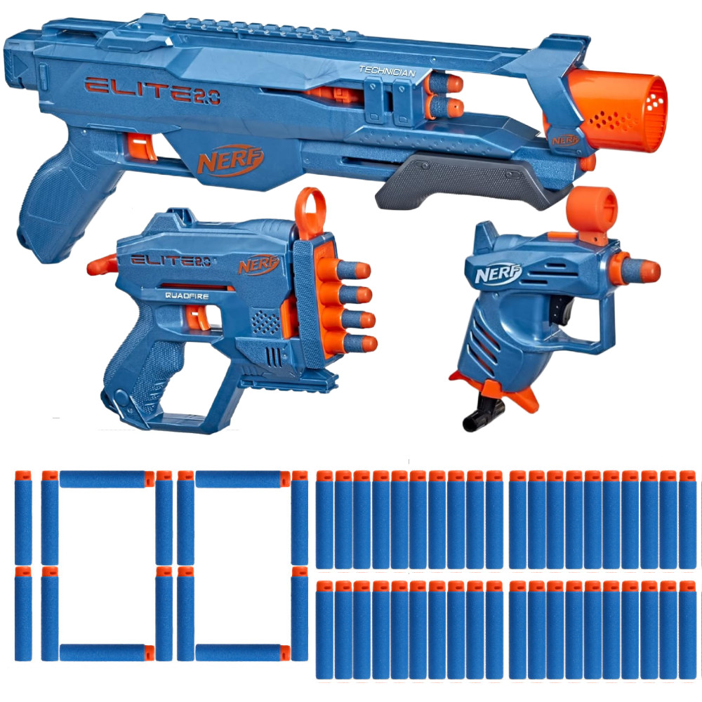 Nerf Elite 2.0 LoaoutPack 3Pack Technician DS-2, QuadFire QS-4 i Ace SD-1 + 14 Strzałek F4178 + 100 Ce3lnych Strzałek Pro Darts SB932 