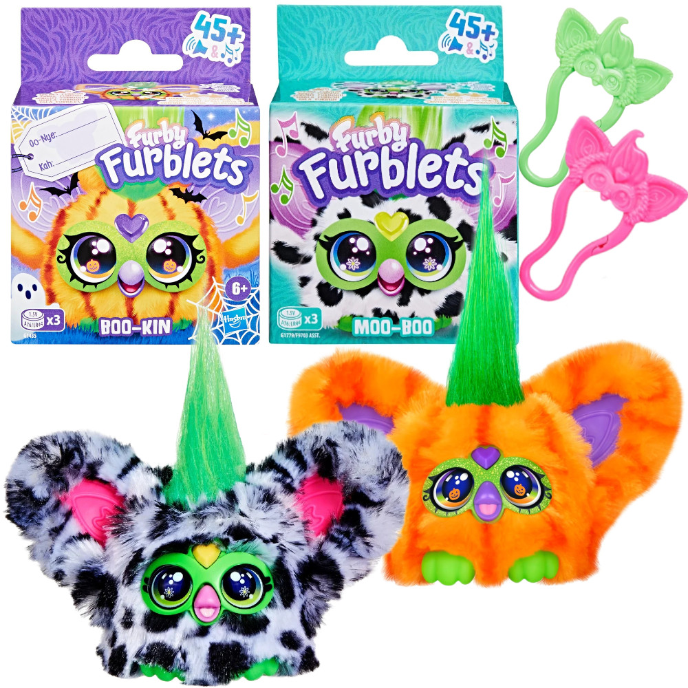 Furby Furblets Zestaw Interaktywnych maskotek Krówka Moo-Boo G1779 i Dynia Boo-Kin G1435