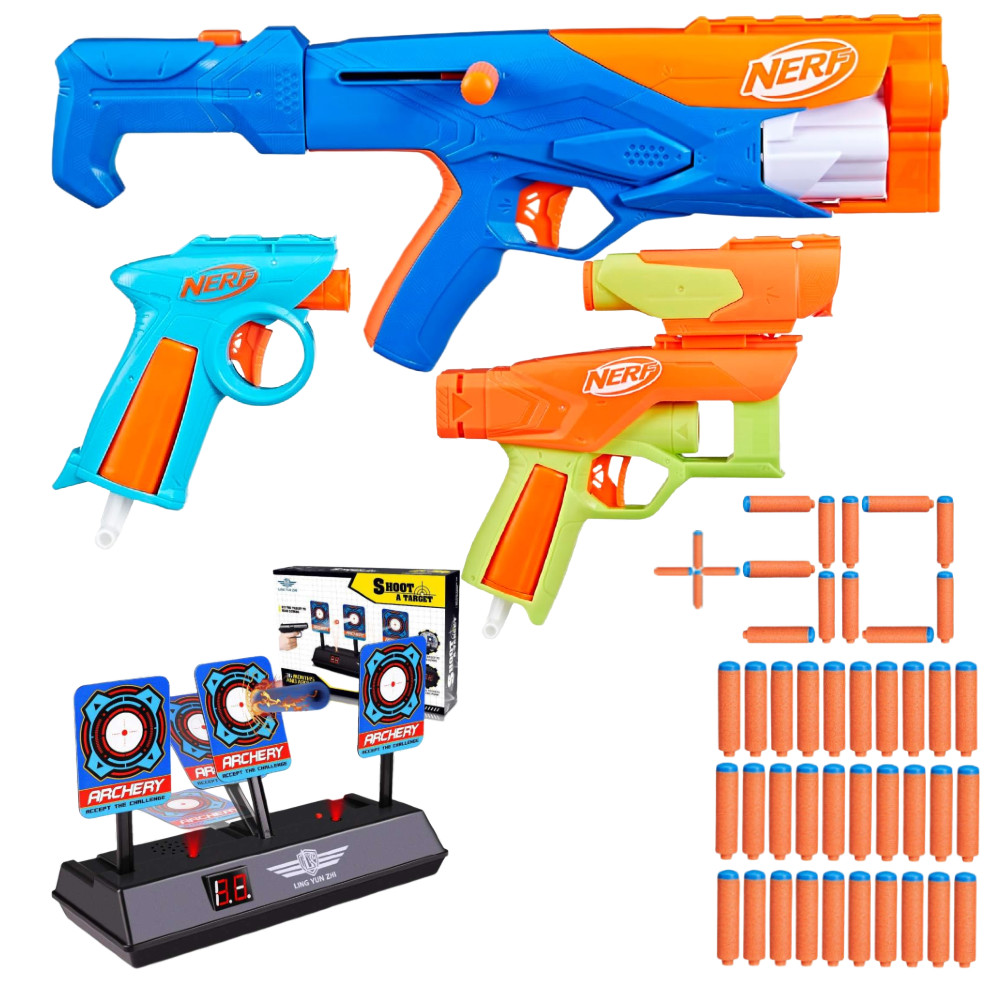 Nerf N Series Gear Up Pack Zestaw 3 wyrzutnie F8633 + 30 strzałek N1 + Tarcza Elektroniczna 3 Cele