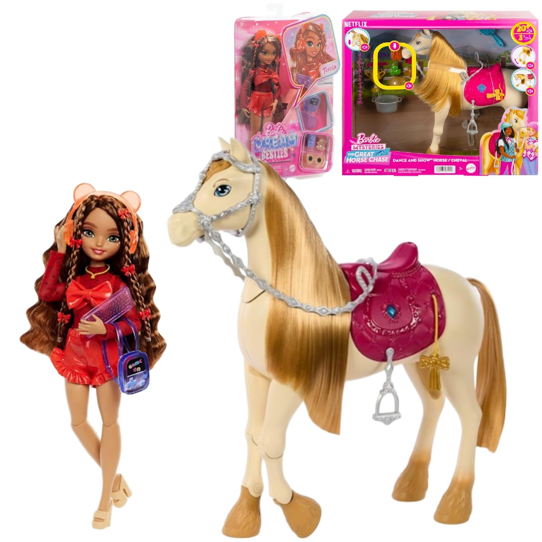 Barbie Zestaw lalka Malibu Dream Besties + Interaktywny Koń Tornado HYC23 HXJ42