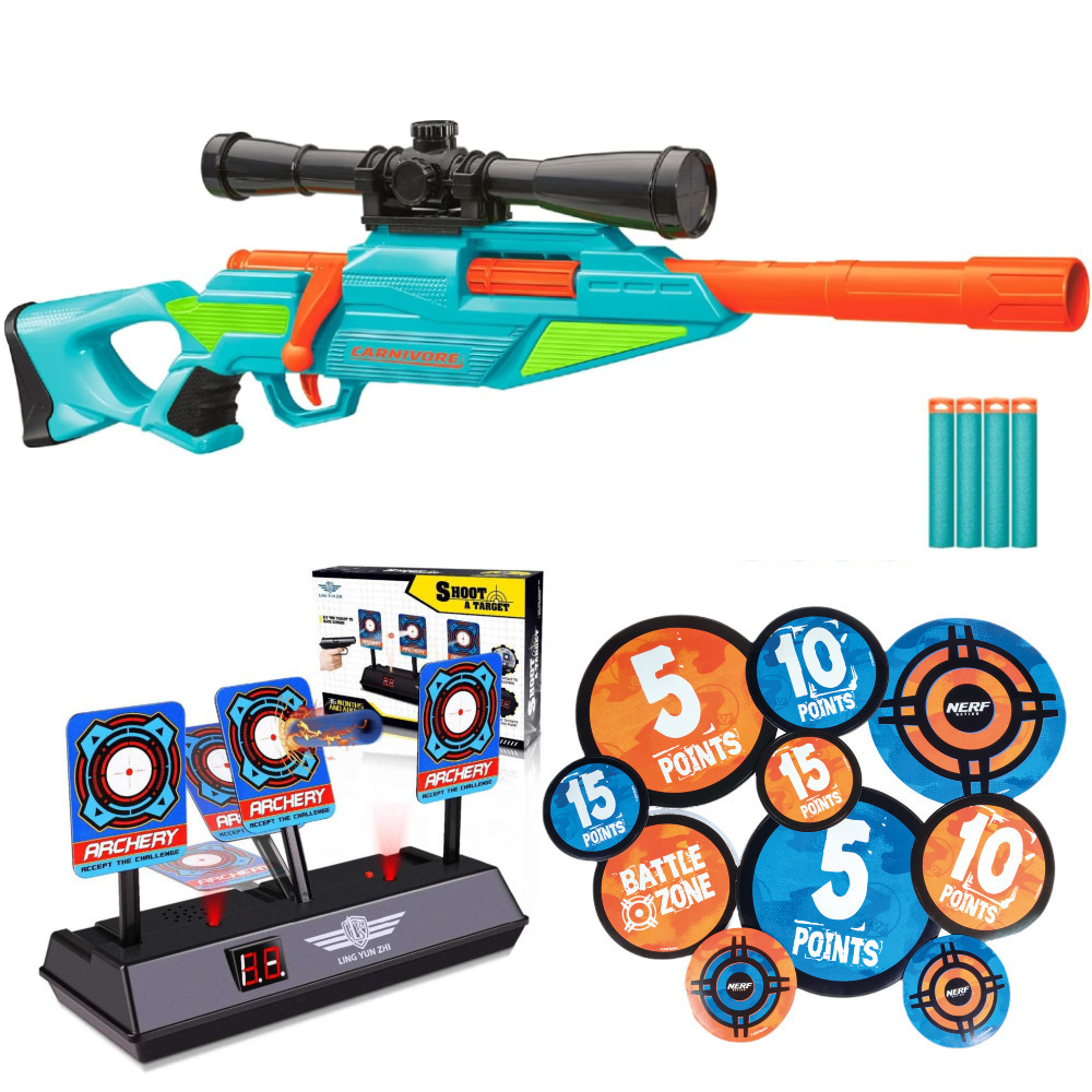 Buzz Bee Air Warriors Carnivore 561005 + tarcza elektroniczna + Zestaw 12 Naklejek Celi Nerf