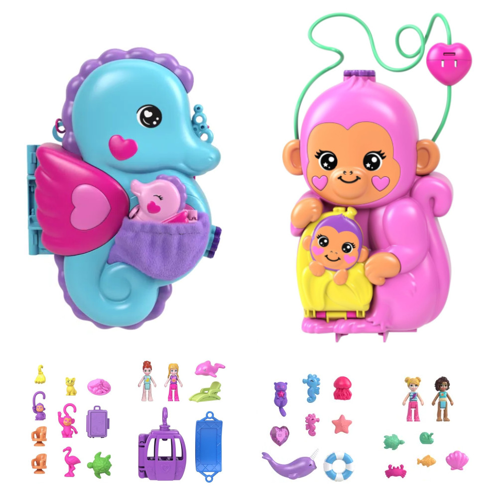 Polly Pocket Zestaw Kompaktowych Torebek Koniki Morskie HWP03 + Małpka HWP04