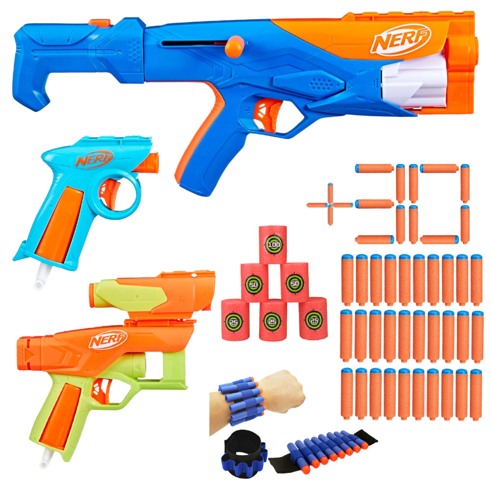 Nerf N Series Gear Up Pack Zestaw 3 wyrzutnie F8633 + 30 strzałek N1 + Opaska na rękę + Cele