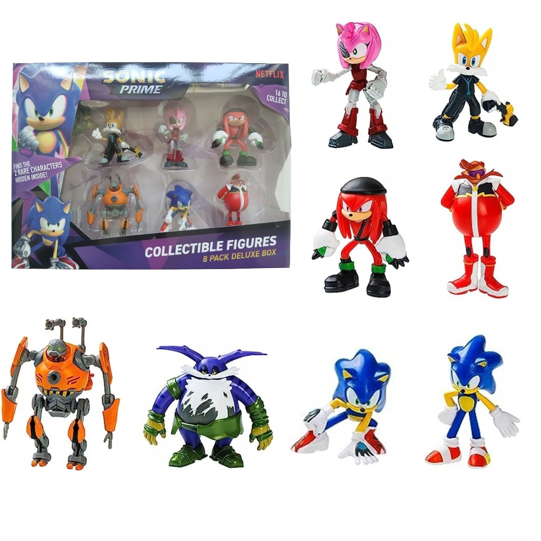 Sonic Prime zestaw figurek 8-pak Zestaw A: Doktor Egman, Sonic Miles, Amy Rose, Knuckles, Eggforcer, Sonic, Big The Cat, Sonic uszkodzone opakowanie