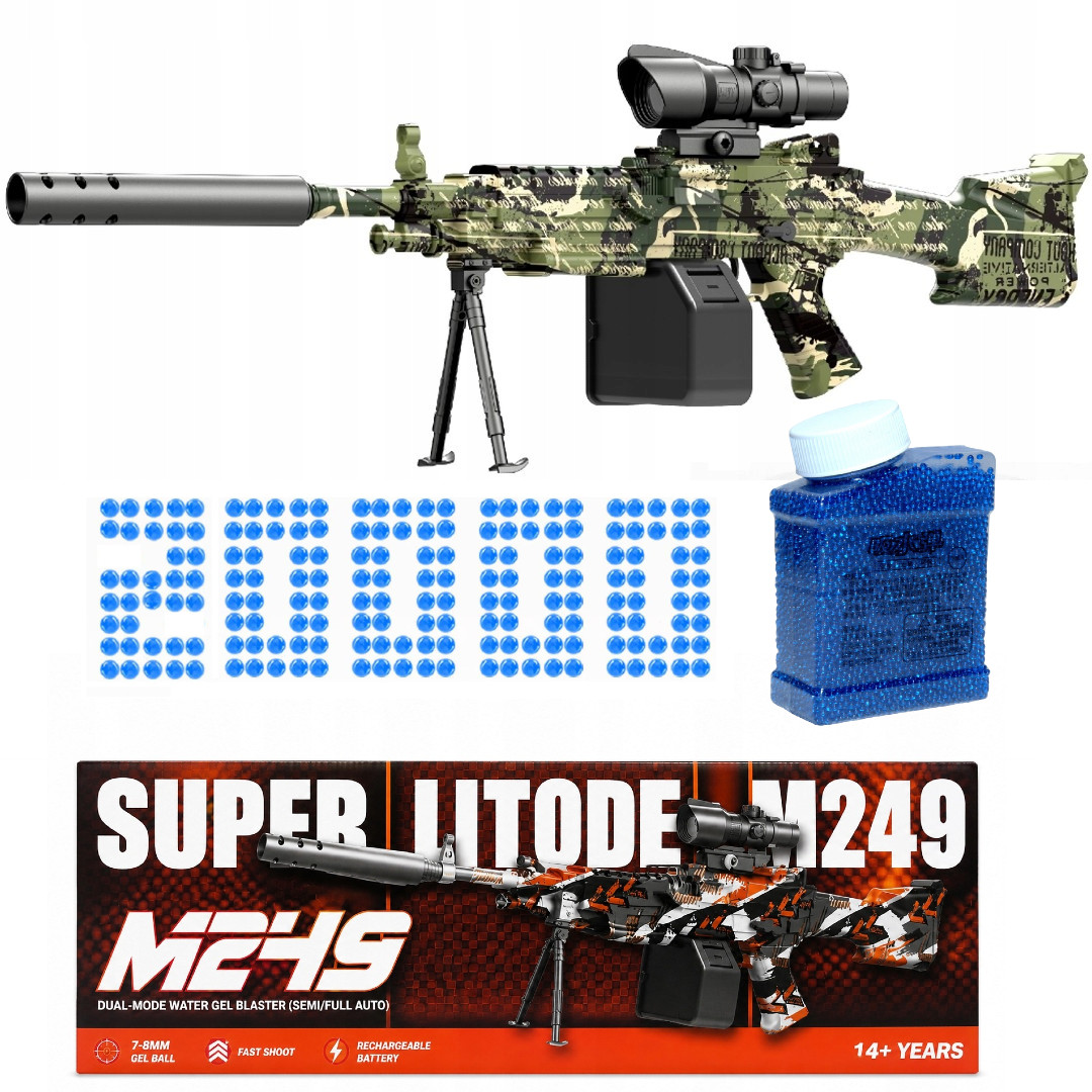 Karabin na kulki żelowe automatyczny moro z kwadratowym magazynkiem M249