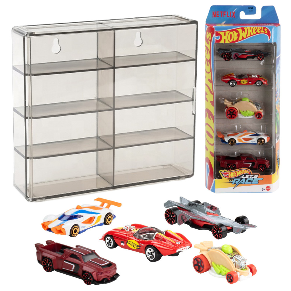 Gablota z 8 przegródkami na Samochody w skali 1:64 do powieszenia + 5-pak autek Hot Wheels JDR20